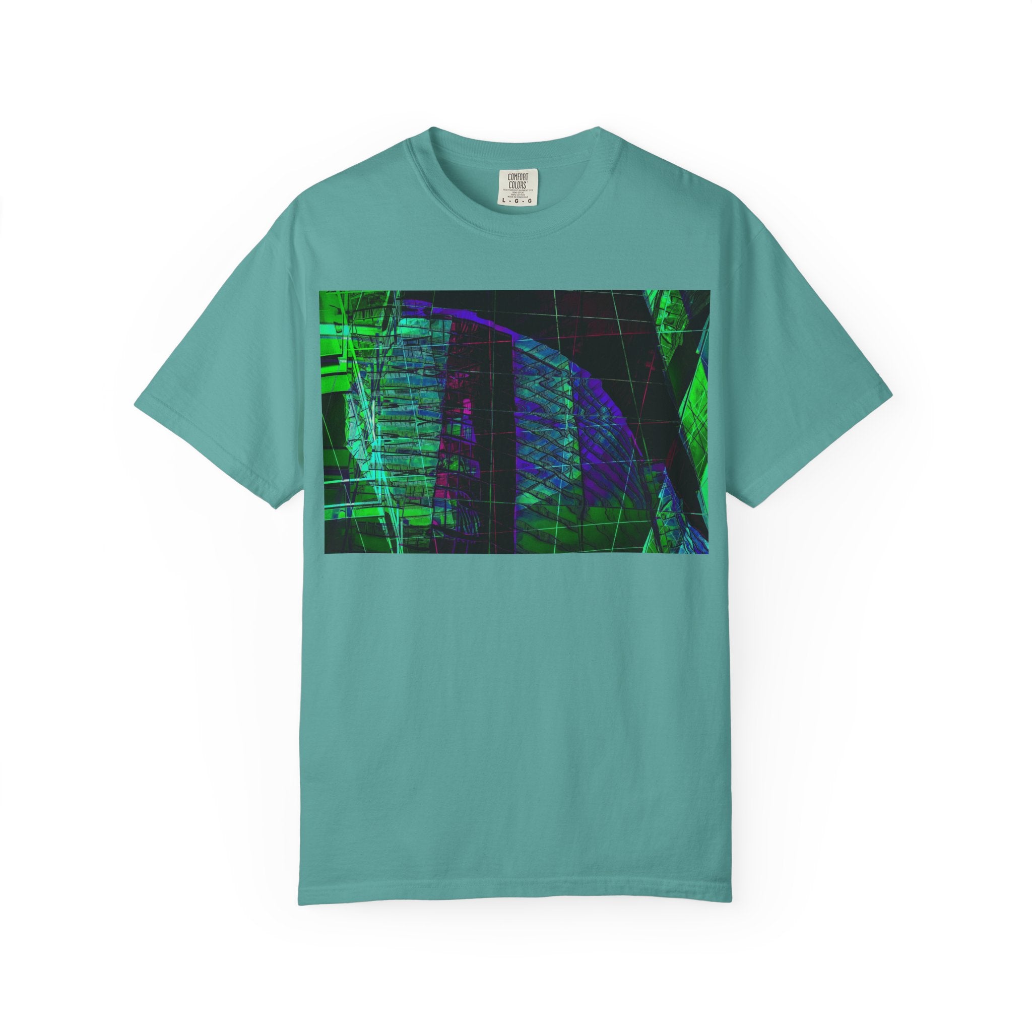 Love Talk By Kevin Quinn -Urban Abstract Architecture Neon Cityscape T-Shirt - Green & Purple Glitch Graphic