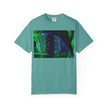 Love Talk By Kevin Quinn -Urban Abstract Architecture Neon Cityscape T-Shirt - Green & Purple Glitch Graphic
