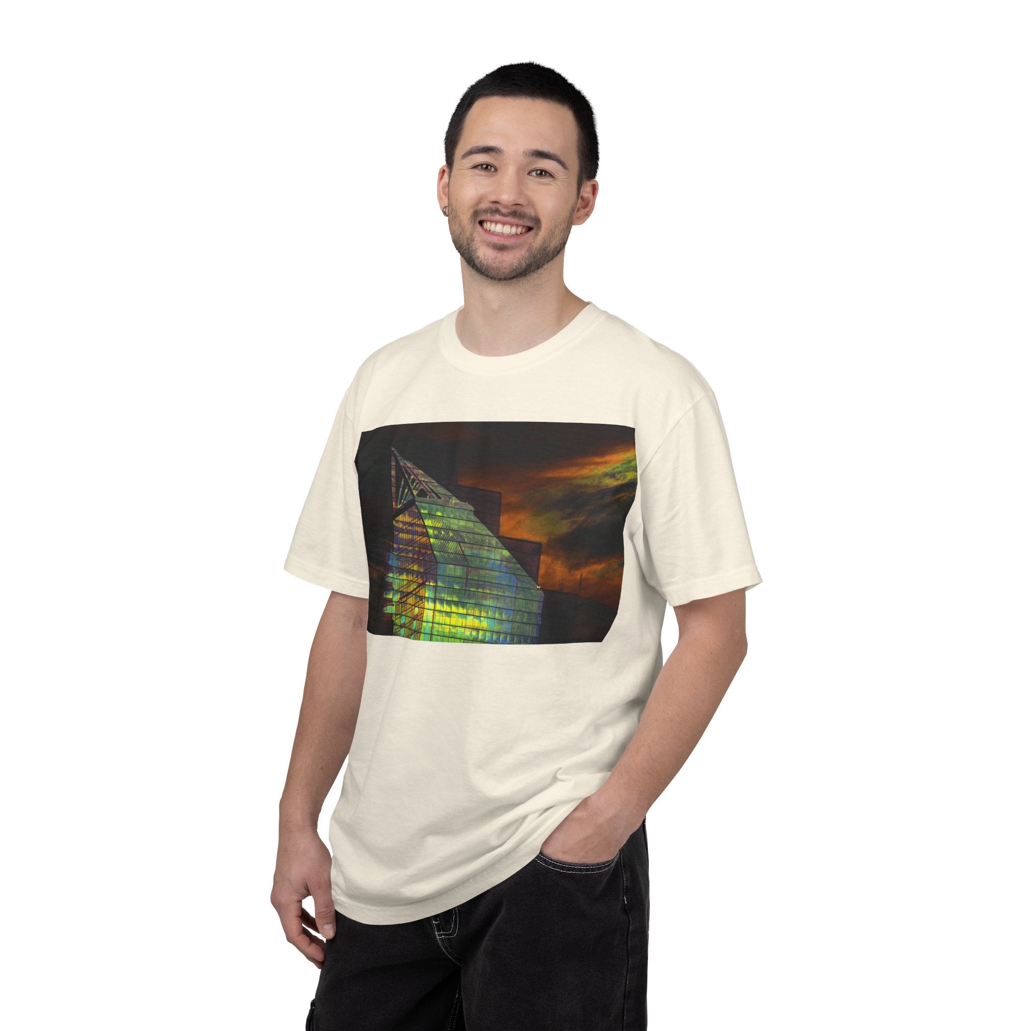 Night Light By Kevin Quinn -Modern Abstract Architectural Nightscape T-Shirt — Glass Building Sunset Photo Tee