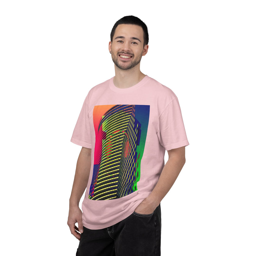 New York Beats By Kevin Quinn -Modern Abstract Architecture Neon Cityscape T-Shirt — Retro Vaporwave Building Print