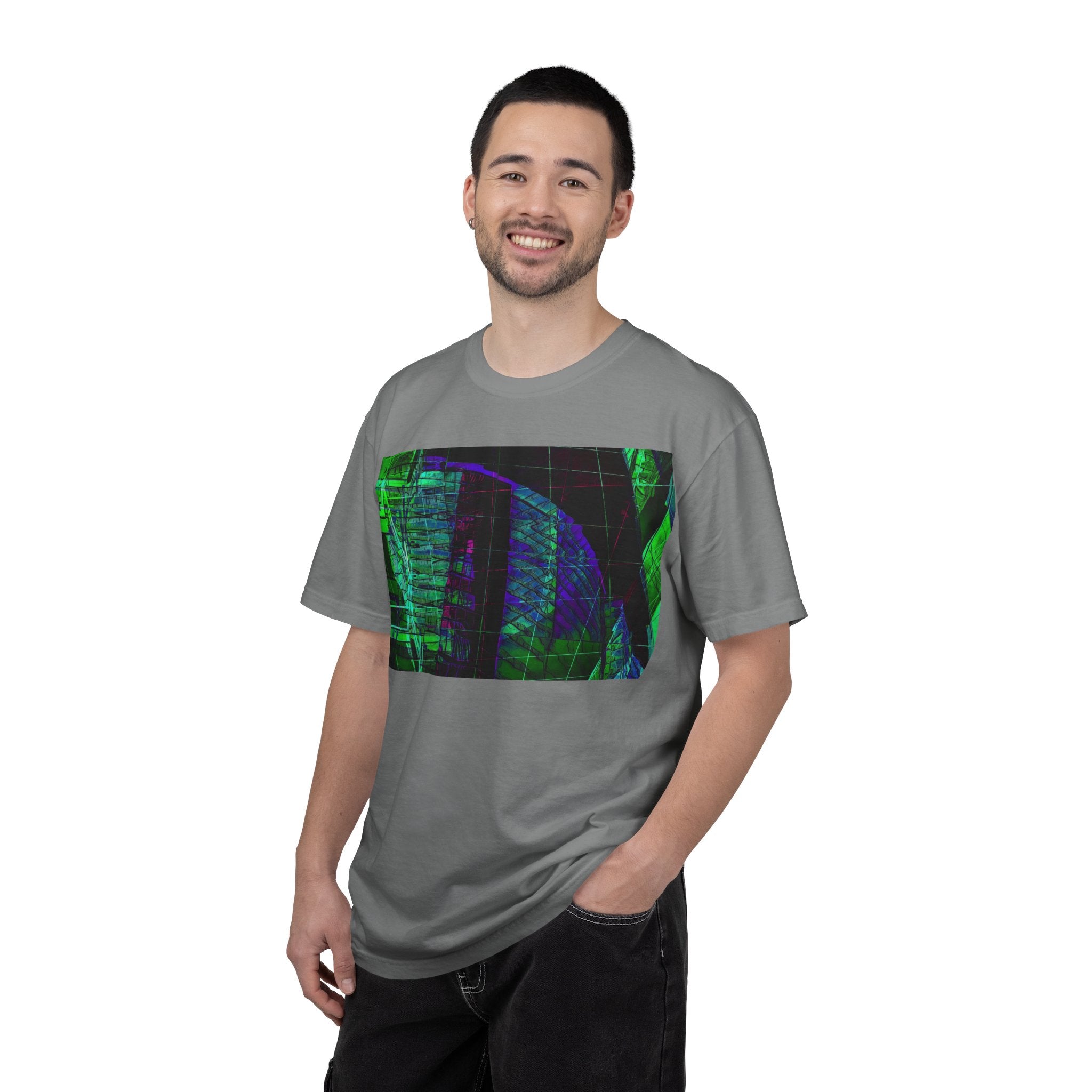 Love Talk By Kevin Quinn -Urban Abstract Architecture Neon Cityscape T-Shirt - Green & Purple Glitch Graphic
