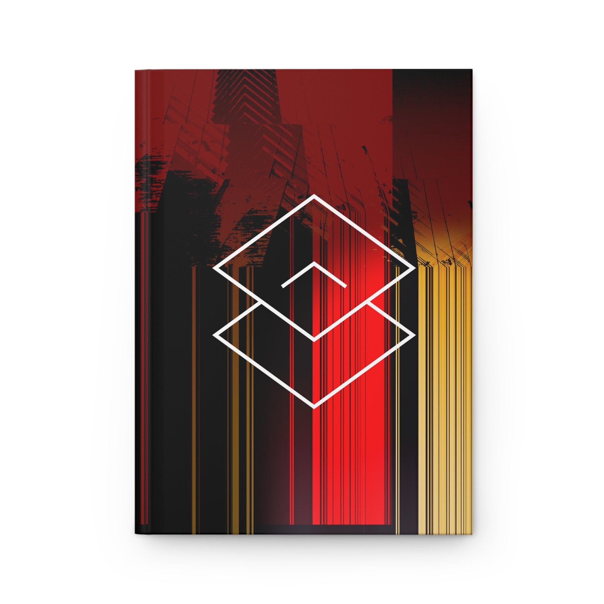 Here We Are By Kevin Quinn - Abstract Cityscape Hardcover Journal — Red & Gold Geometric Notebook