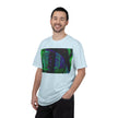 Love Talk By Kevin Quinn -Urban Abstract Architecture Neon Cityscape T-Shirt - Green & Purple Glitch Graphic