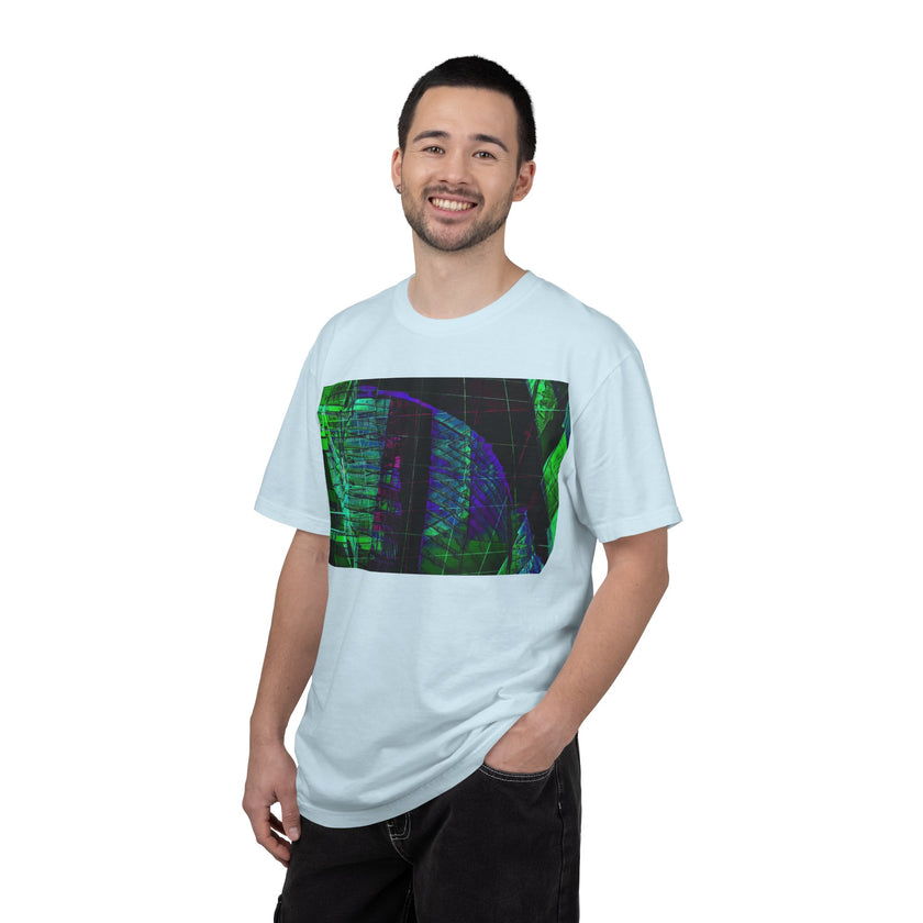 Love Talk By Kevin Quinn -Urban Abstract Architecture Neon Cityscape T-Shirt - Green & Purple Glitch Graphic