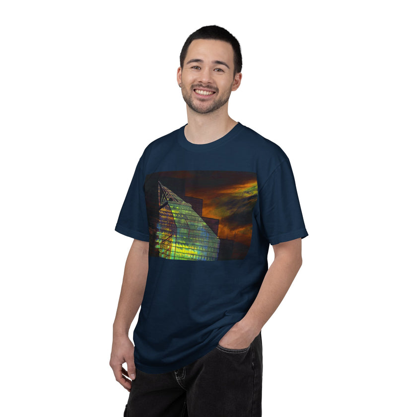Night Light By Kevin Quinn -Modern Abstract Architectural Nightscape T-Shirt — Glass Building Sunset Photo Tee