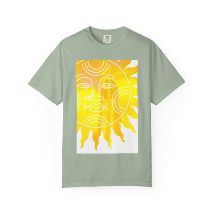 Silky The Sun Kid By Kevin Quinn-Modern Urban Sunface Graphic T-Shirt — Yellow Sun Artwork with QR Code Back