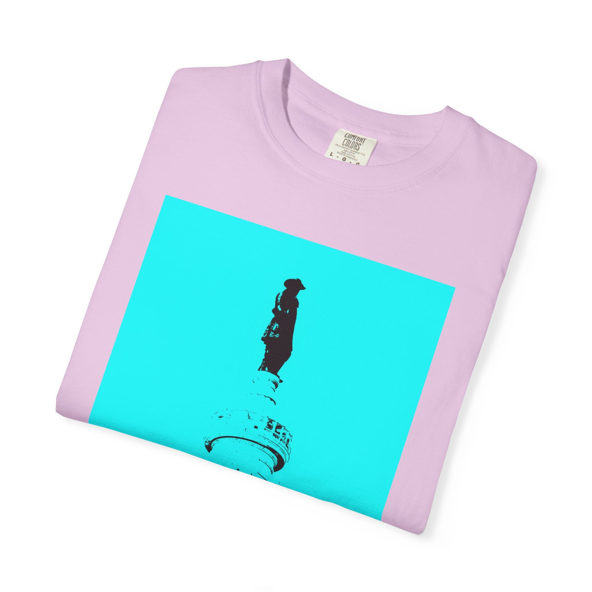 Glamour Boy By Kevin Quinn T-Shirt — Abstract Pop Art Architecture Neon Philly City Monument Graphic with QR Code Back