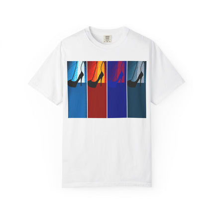 She Knows How To Use Them By Kevin Quinn -Modern Pop Architecture Art Stiletto T‑Shirt — Colorblock High Heel Graphic with QR Code