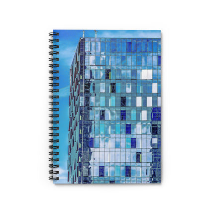 Toy Box By Kevin Quinn - Blue Glass Facade Spiral Notebook — Ruled Lined Journal for Architecture & Urban Design