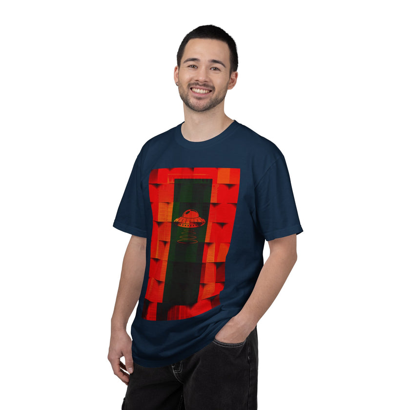 Hotel New Mexico By Kevin Quinn-Modern Abstract Architecture UFO QR Tee — Red Graphic T-Shirt with QR Code Back