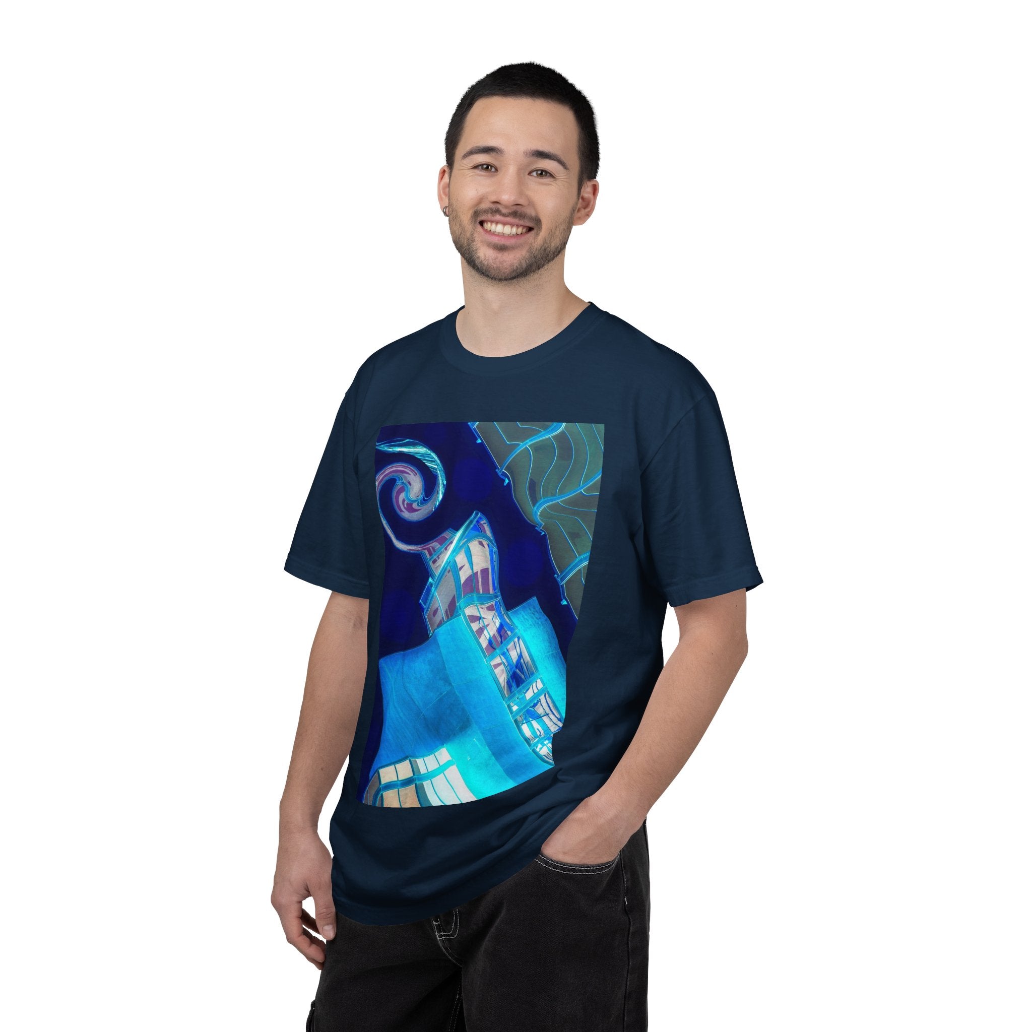 Tiny Dancer By Kevin Quinn   -Urban Modern Abstract Architecture Graphic Tee— Blue Surreal Building Art