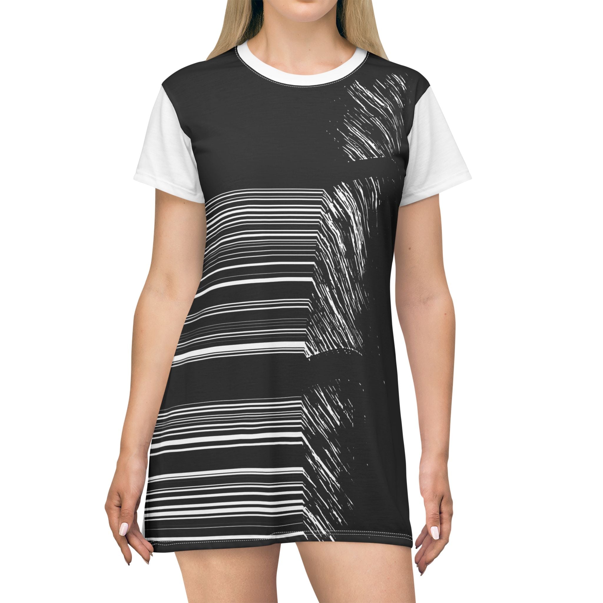 Barcode By Kevin Quinn-Monochrome Glitch T-Shirt Dress — Abstract Modern Architecture Striped Graphic