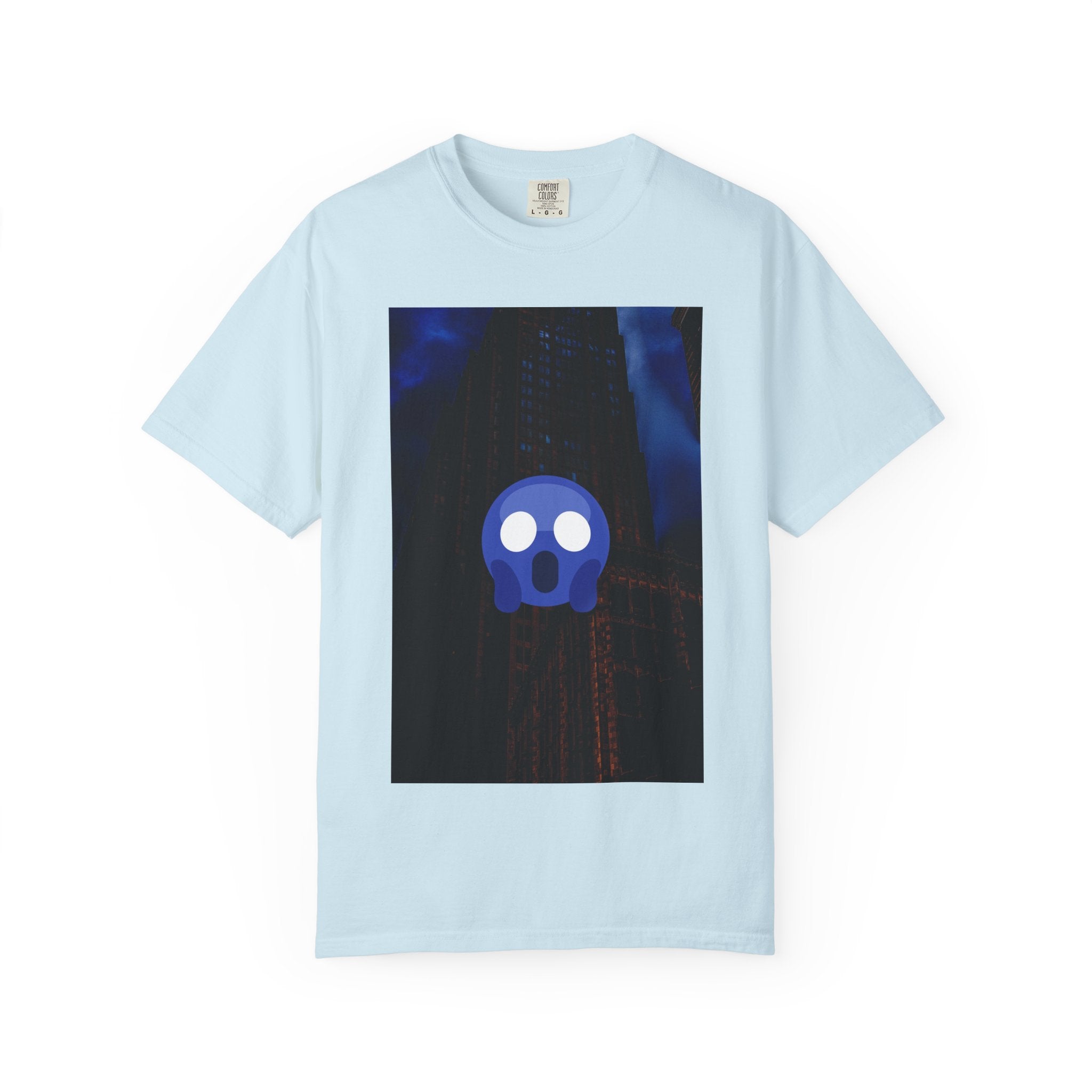 Mr. O  By Kevin Quinn   -Skull Ghost Graphic T-Shirt — Neon Blue Haunted Vibe- Modern Urban Pop Architecture