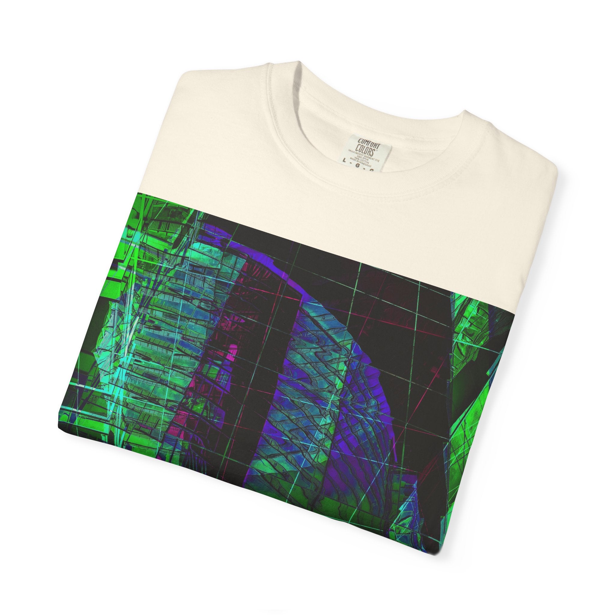 Love Talk By Kevin Quinn -Urban Abstract Architecture Neon Cityscape T-Shirt - Green & Purple Glitch Graphic