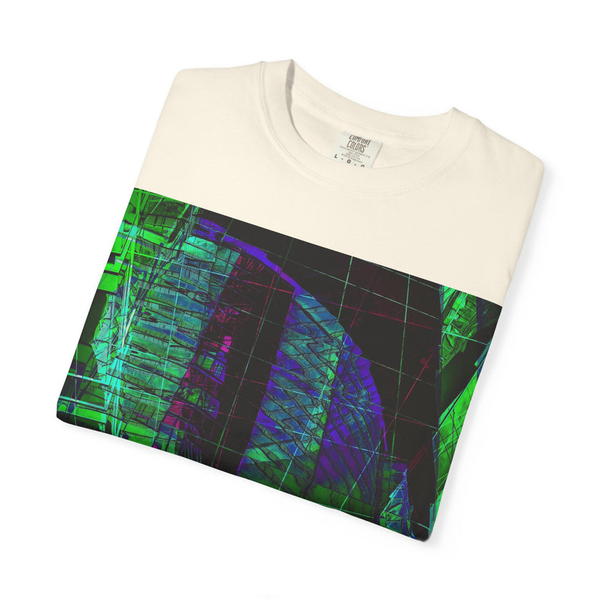 Love Talk By Kevin Quinn -Urban Abstract Architecture Neon Cityscape T-Shirt - Green & Purple Glitch Graphic