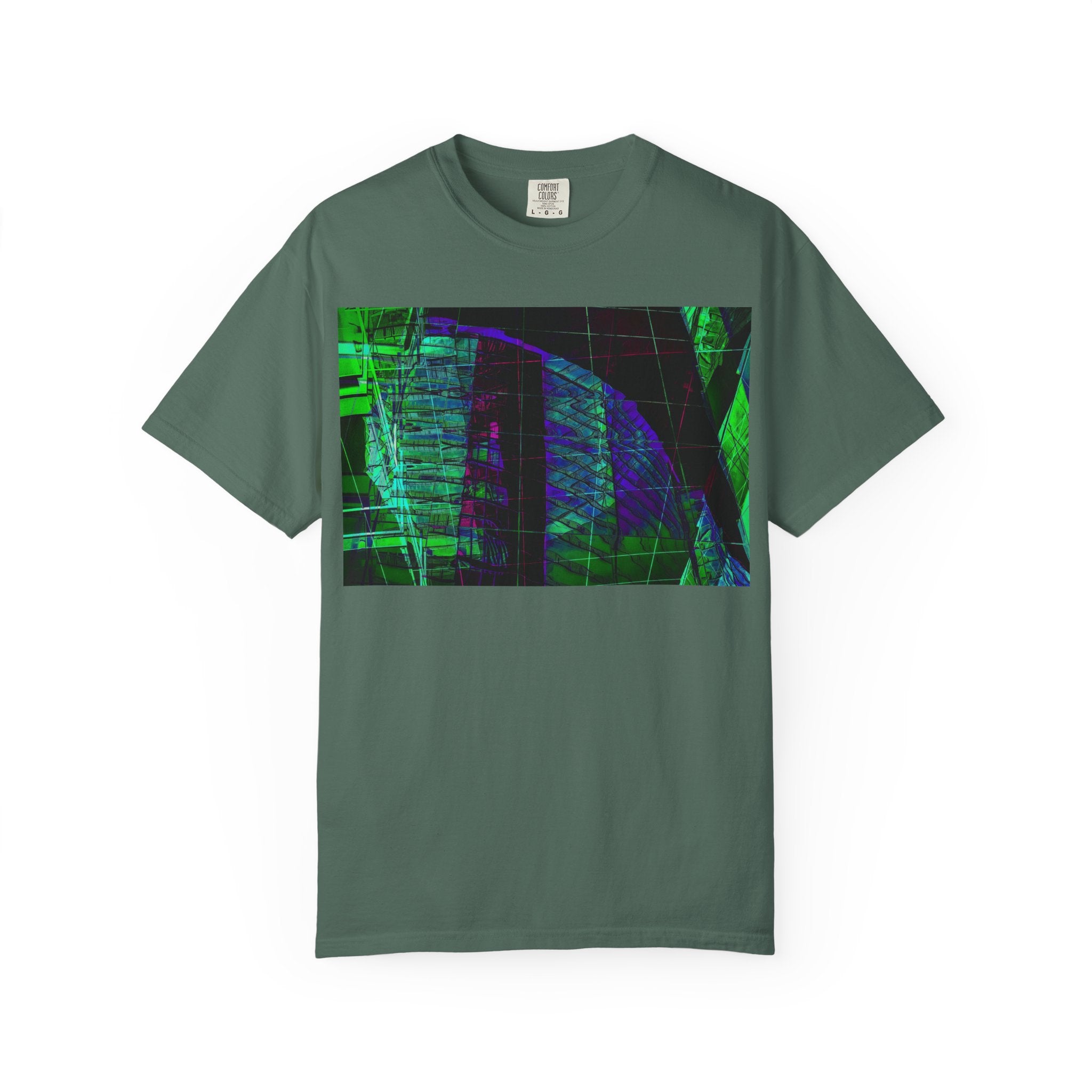 Love Talk By Kevin Quinn -Urban Abstract Architecture Neon Cityscape T-Shirt - Green & Purple Glitch Graphic