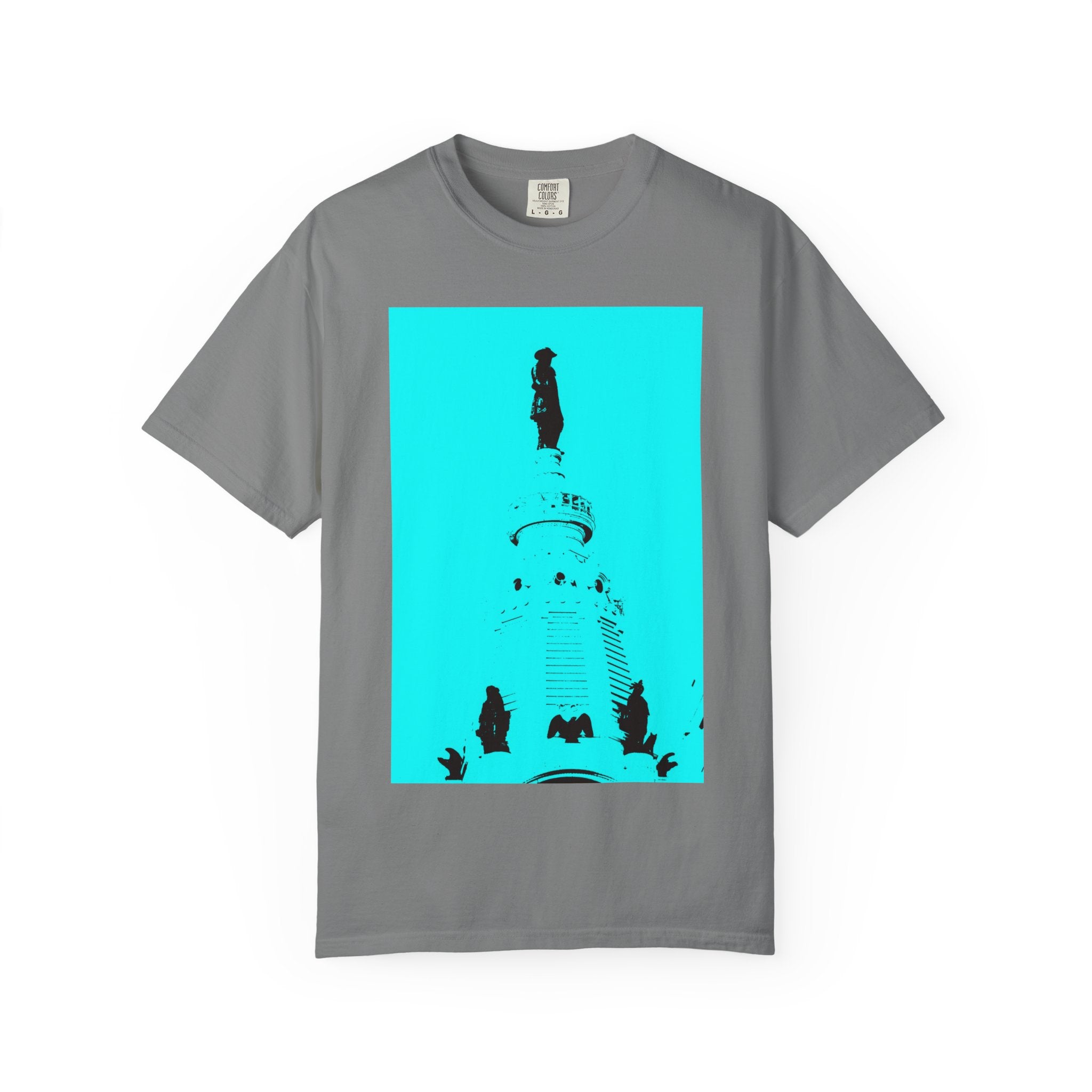 Glamour Boy By Kevin Quinn T-Shirt — Abstract Pop Art Architecture Neon Philly City Monument Graphic with QR Code Back