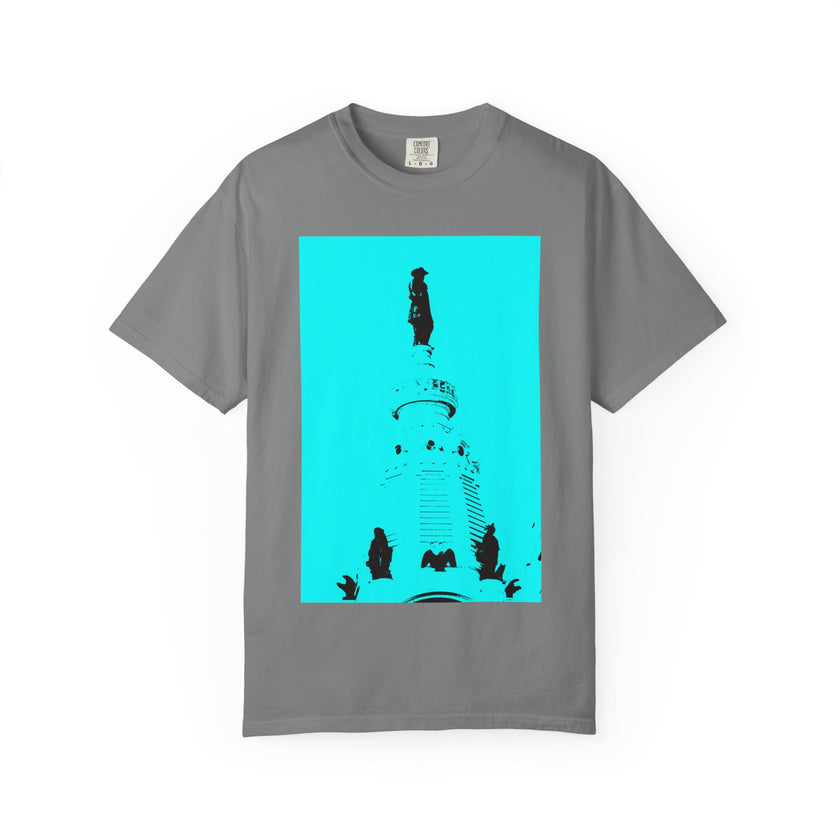 Glamour Boy By Kevin Quinn T-Shirt — Abstract Pop Art Architecture Neon Philly City Monument Graphic with QR Code Back