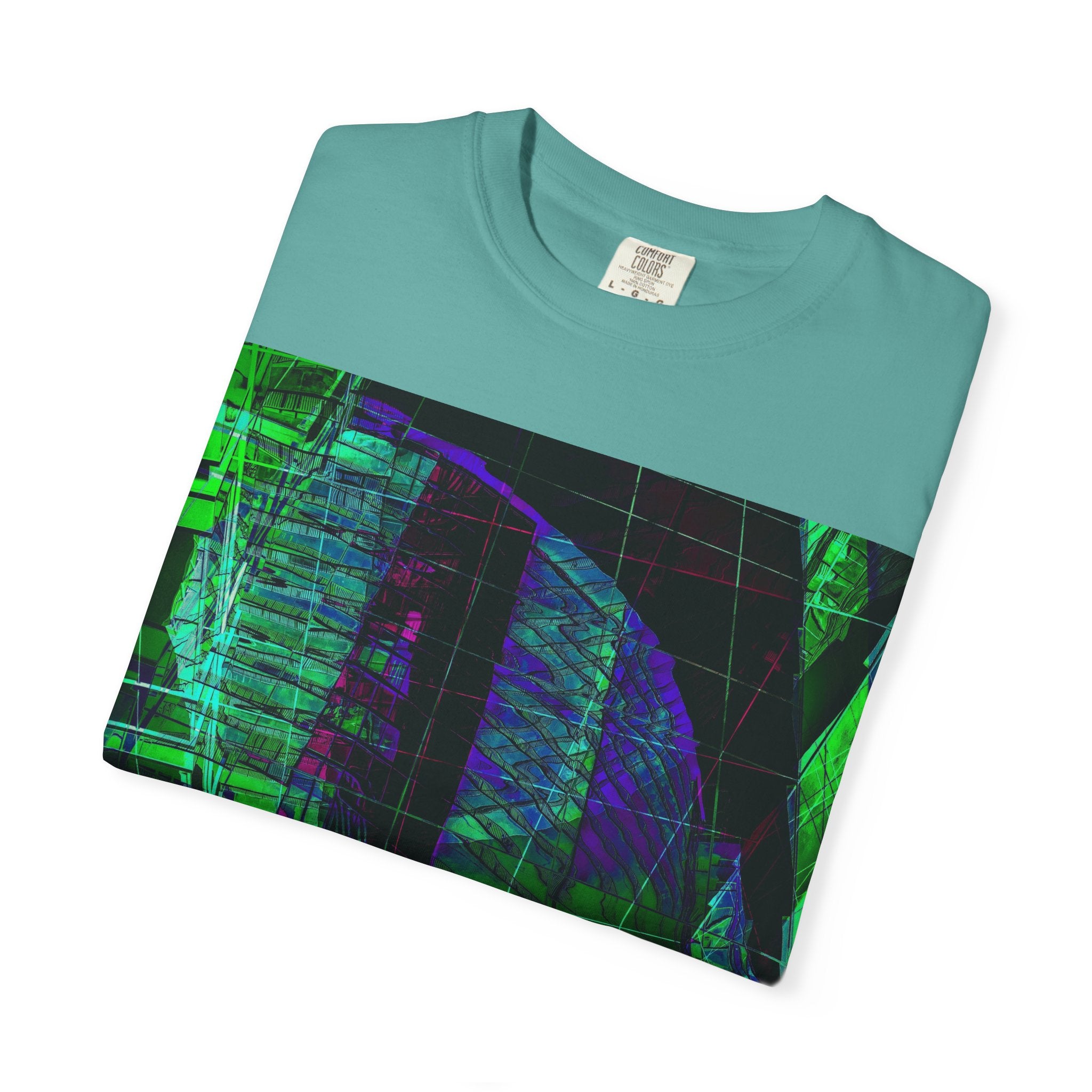 Love Talk By Kevin Quinn -Urban Abstract Architecture Neon Cityscape T-Shirt - Green & Purple Glitch Graphic
