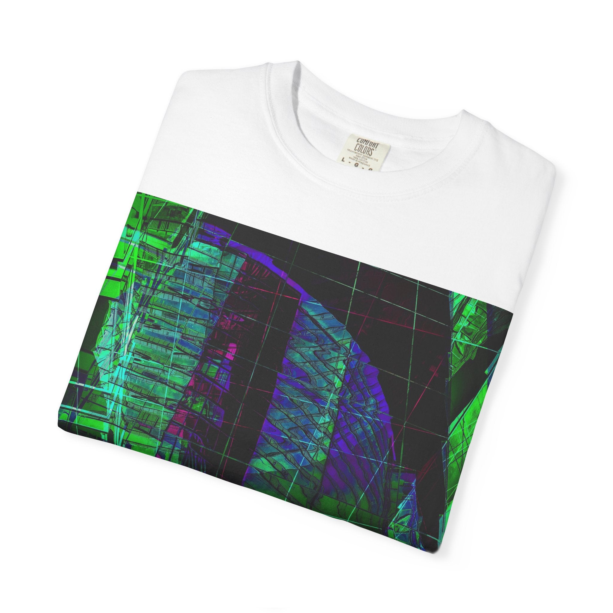 Love Talk By Kevin Quinn -Urban Abstract Architecture Neon Cityscape T-Shirt - Green & Purple Glitch Graphic