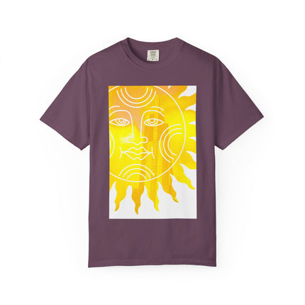 Silky The Sun Kid By Kevin Quinn-Modern Urban Sunface Graphic T-Shirt — Yellow Sun Artwork with QR Code Back
