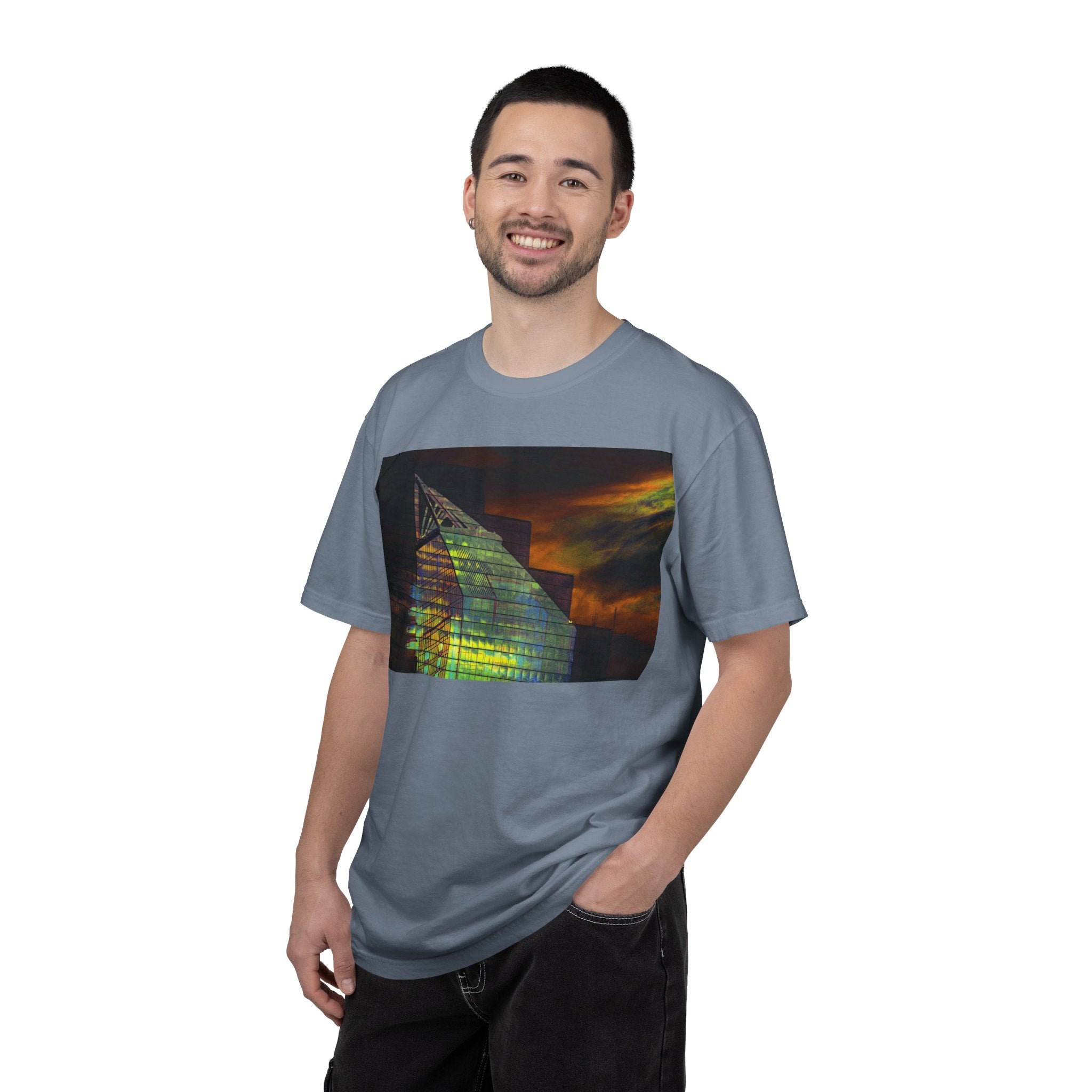 Night Light By Kevin Quinn -Modern Abstract Architectural Nightscape T-Shirt — Glass Building Sunset Photo Tee