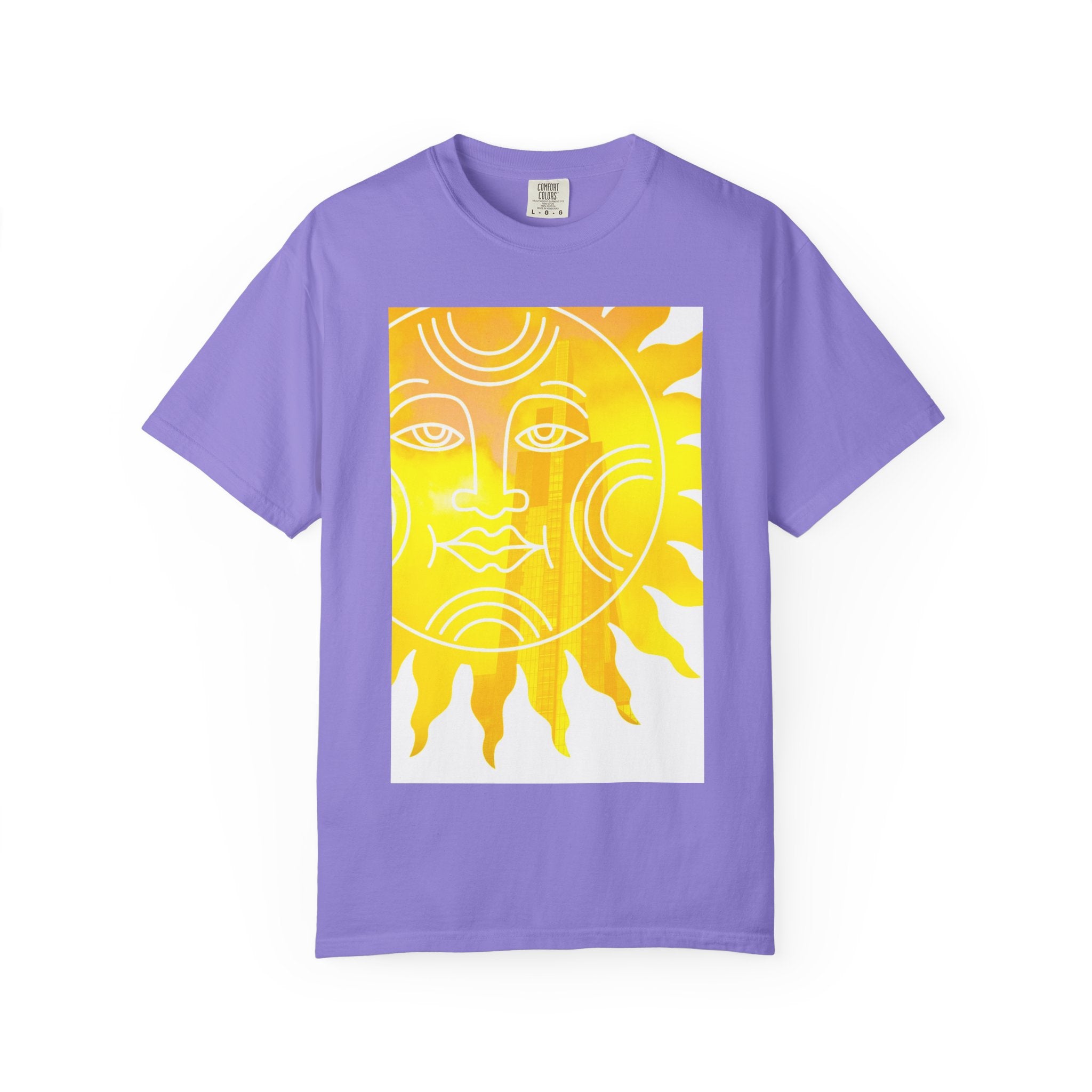 Silky The Sun Kid By Kevin Quinn-Modern Urban Sunface Graphic T-Shirt — Yellow Sun Artwork with QR Code Back