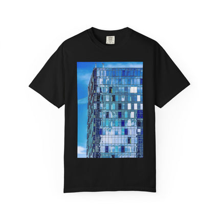 Toy Box By Kevin Quinn -Modern Urban Architecture Glass Facade T-Shirt — Blue Architectural Photo Tee