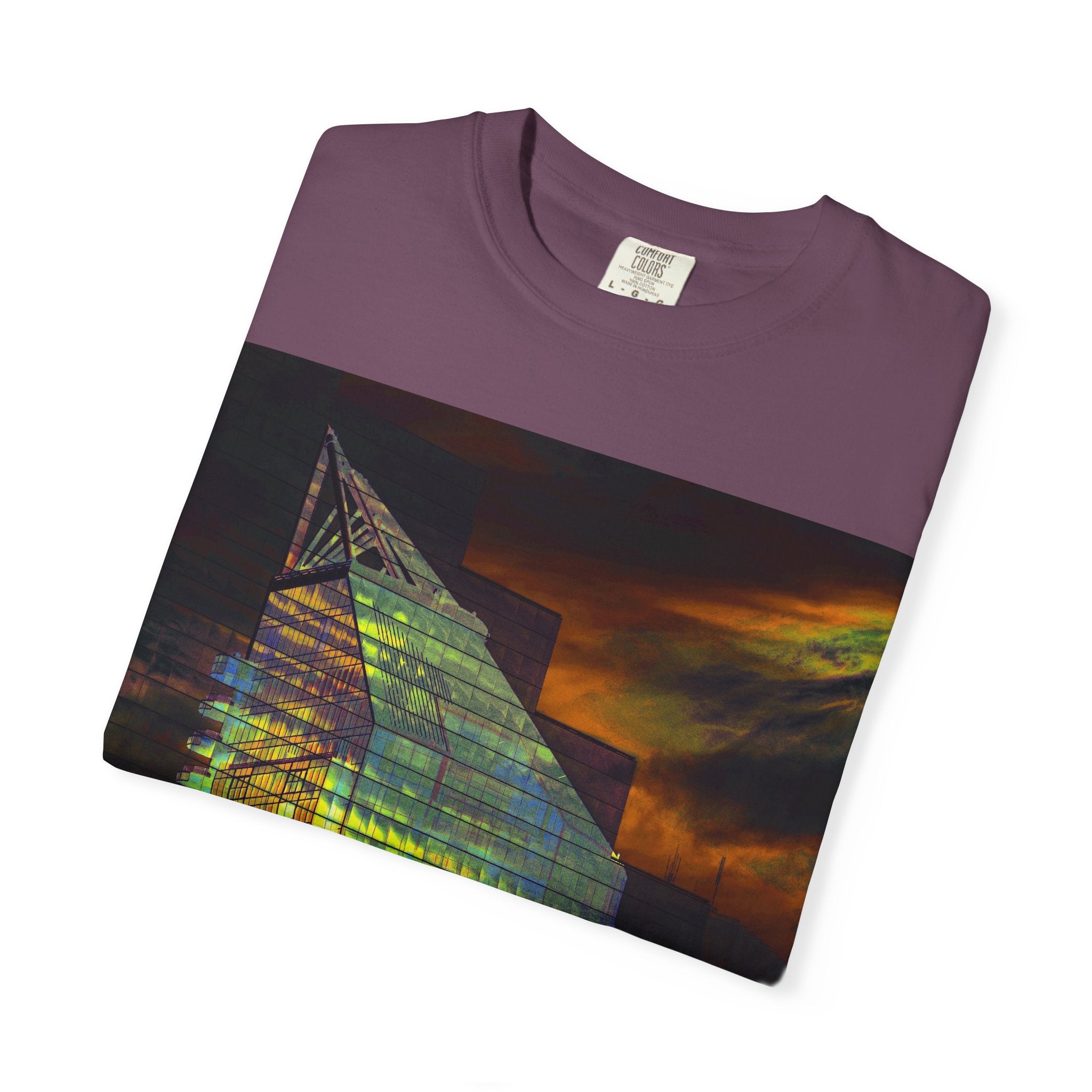 Night Light By Kevin Quinn -Modern Abstract Architectural Nightscape T-Shirt — Glass Building Sunset Photo Tee