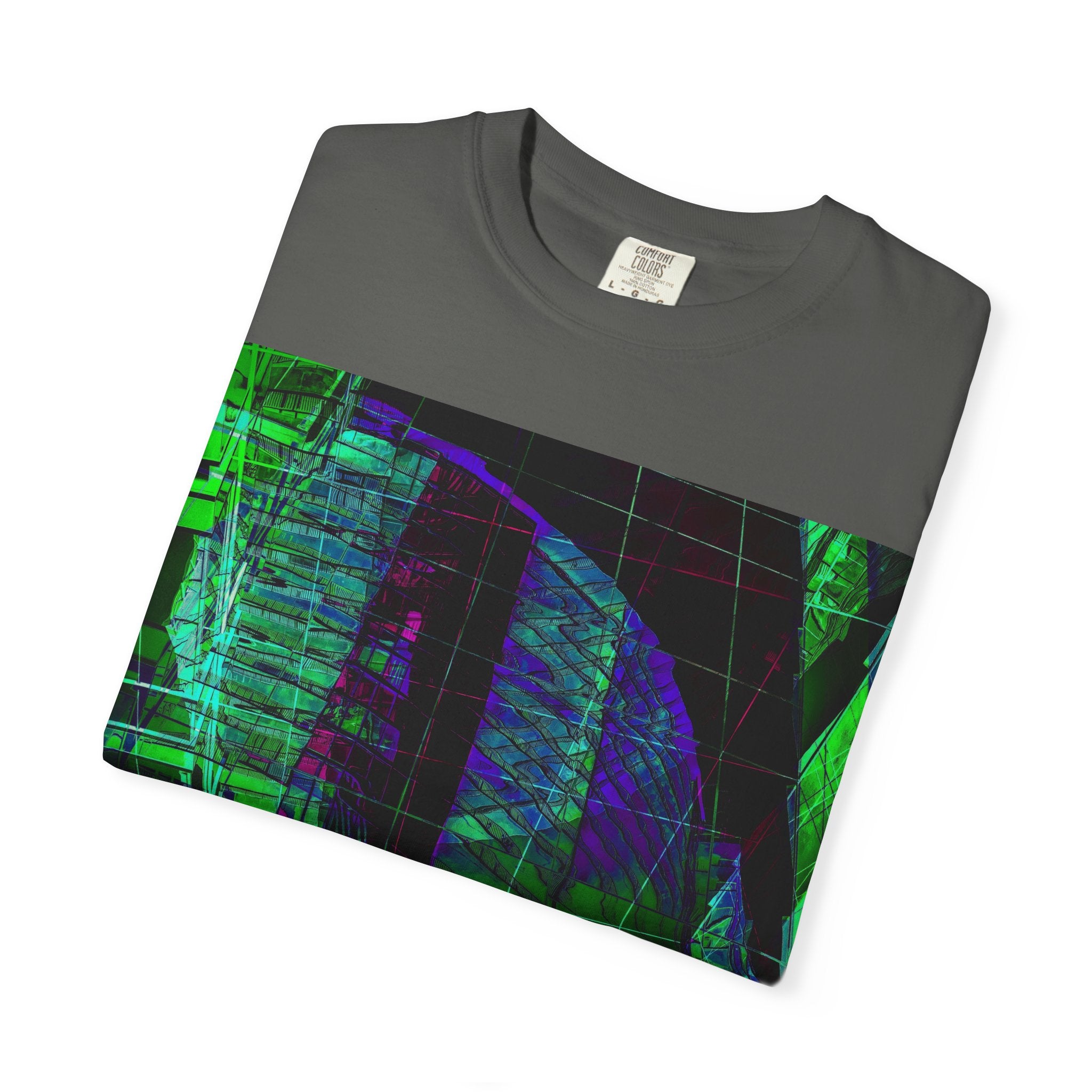 Love Talk By Kevin Quinn -Urban Abstract Architecture Neon Cityscape T-Shirt - Green & Purple Glitch Graphic