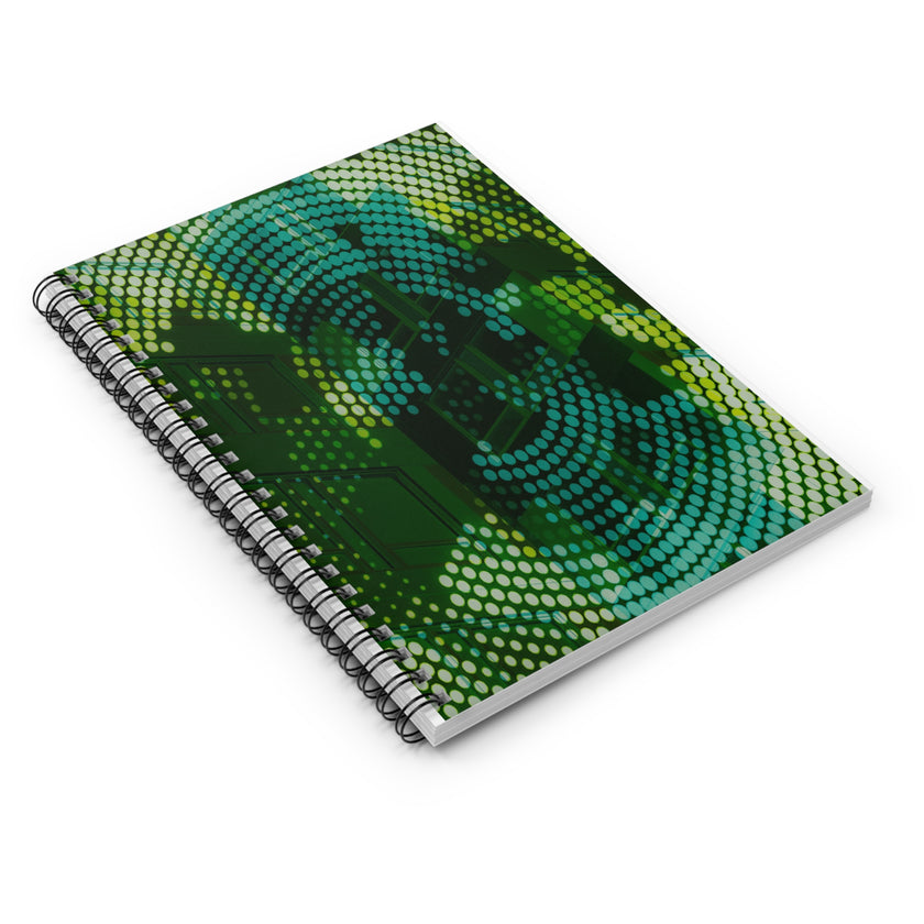 Memories Attract By Kevin Quinn  -Green Tech Spiral Notebook — Abstract Digital Dot Pattern Ruled Journal for Poets