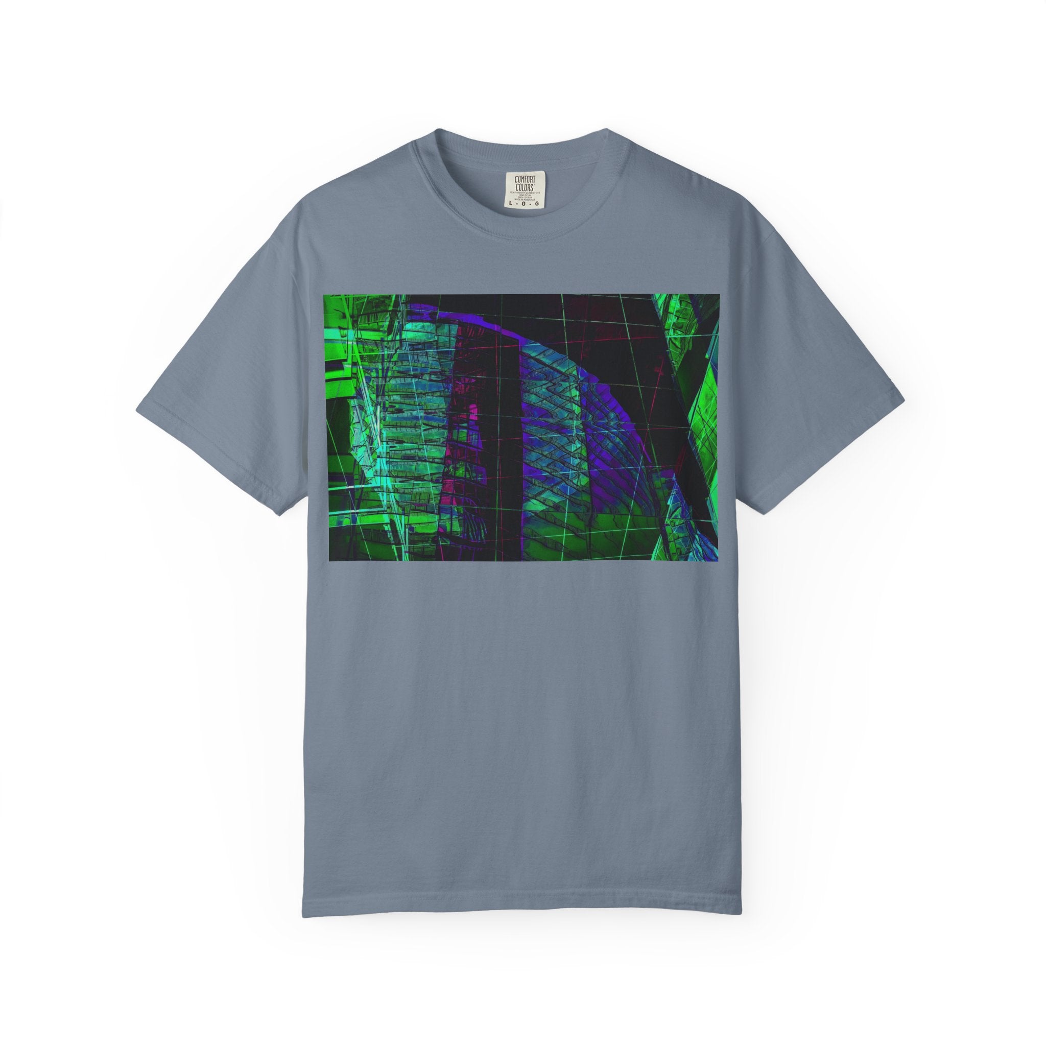 Love Talk By Kevin Quinn -Urban Abstract Architecture Neon Cityscape T-Shirt - Green & Purple Glitch Graphic