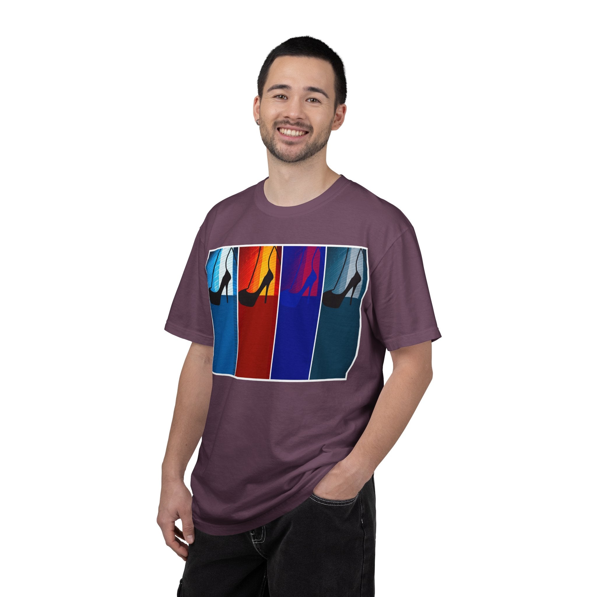 She Knows How To Use Them By Kevin Quinn -Modern Pop Architecture Art Stiletto T‑Shirt — Colorblock High Heel Graphic with QR Code