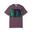 Love Talk By Kevin Quinn -Urban Abstract Architecture Neon Cityscape T-Shirt - Green & Purple Glitch Graphic