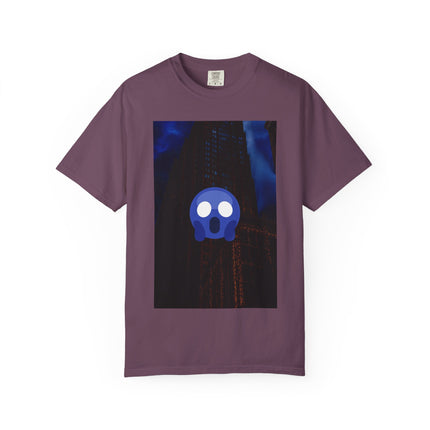 Mr. O  By Kevin Quinn   -Skull Ghost Graphic T-Shirt — Neon Blue Haunted Vibe- Modern Urban Pop Architecture