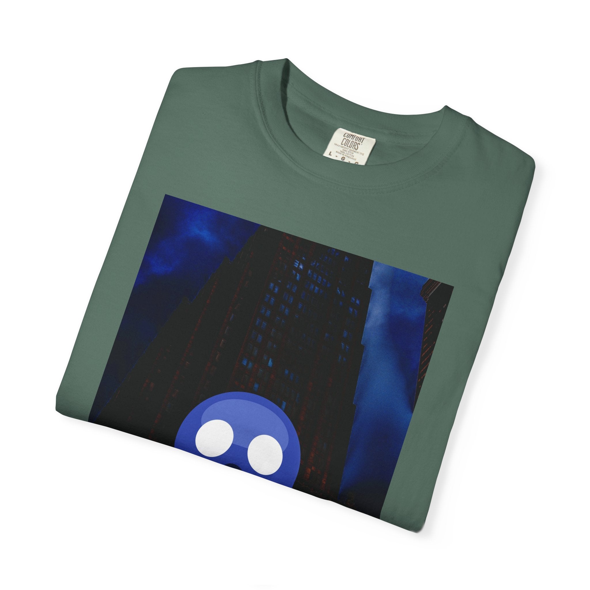 Mr. O  By Kevin Quinn   -Skull Ghost Graphic T-Shirt — Neon Blue Haunted Vibe- Modern Urban Pop Architecture