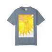 Silky The Sun Kid By Kevin Quinn-Modern Urban Sunface Graphic T-Shirt — Yellow Sun Artwork with QR Code Back