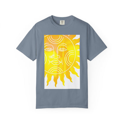 Silky The Sun Kid By Kevin Quinn-Modern Urban Sunface Graphic T-Shirt — Yellow Sun Artwork with QR Code Back