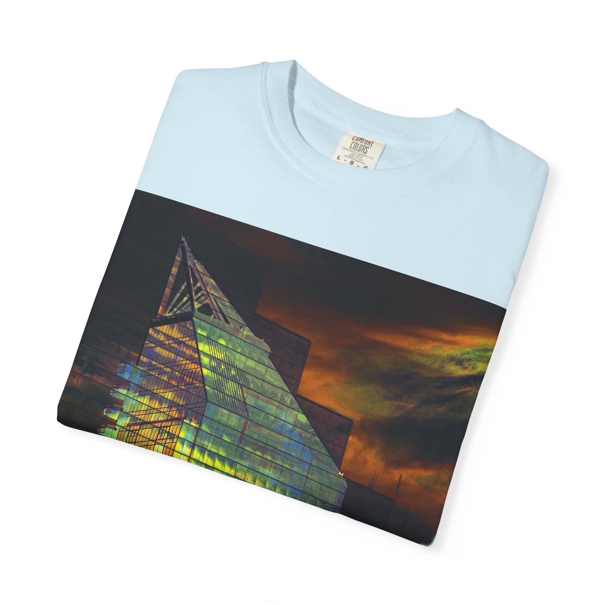 Night Light By Kevin Quinn -Modern Abstract Architectural Nightscape T-Shirt — Glass Building Sunset Photo Tee