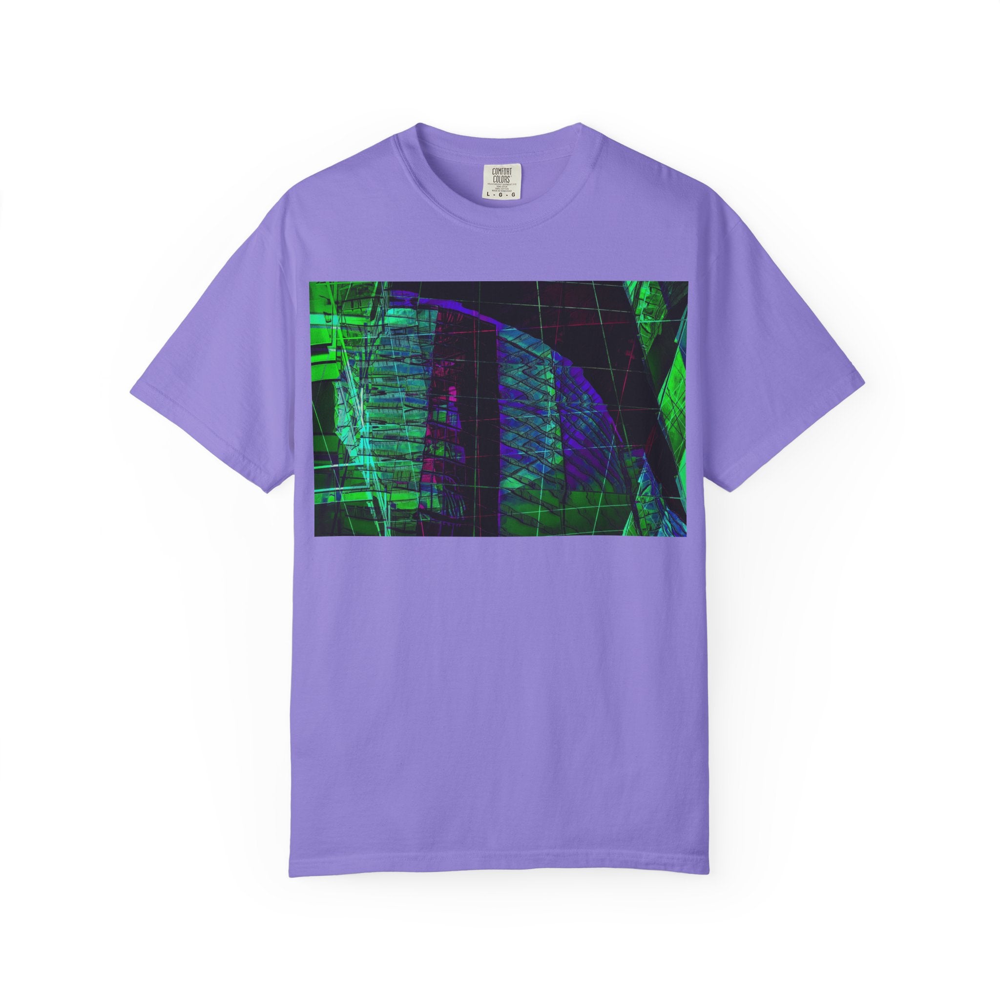 Love Talk By Kevin Quinn -Urban Abstract Architecture Neon Cityscape T-Shirt - Green & Purple Glitch Graphic