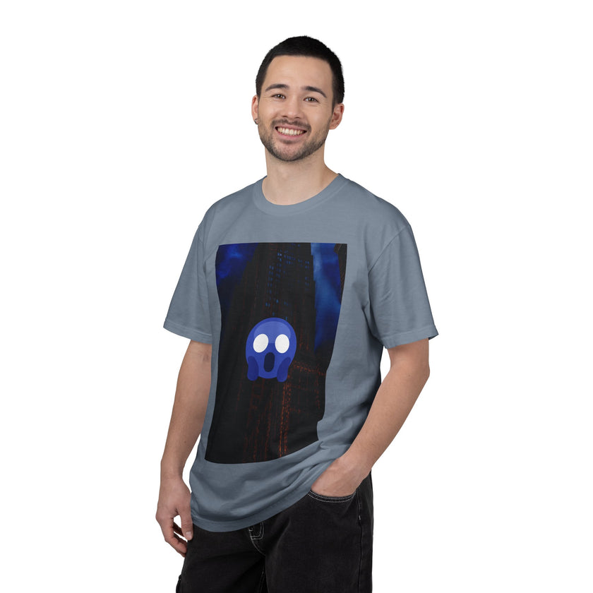 Mr. O  By Kevin Quinn   -Skull Ghost Graphic T-Shirt — Neon Blue Haunted Vibe- Modern Urban Pop Architecture