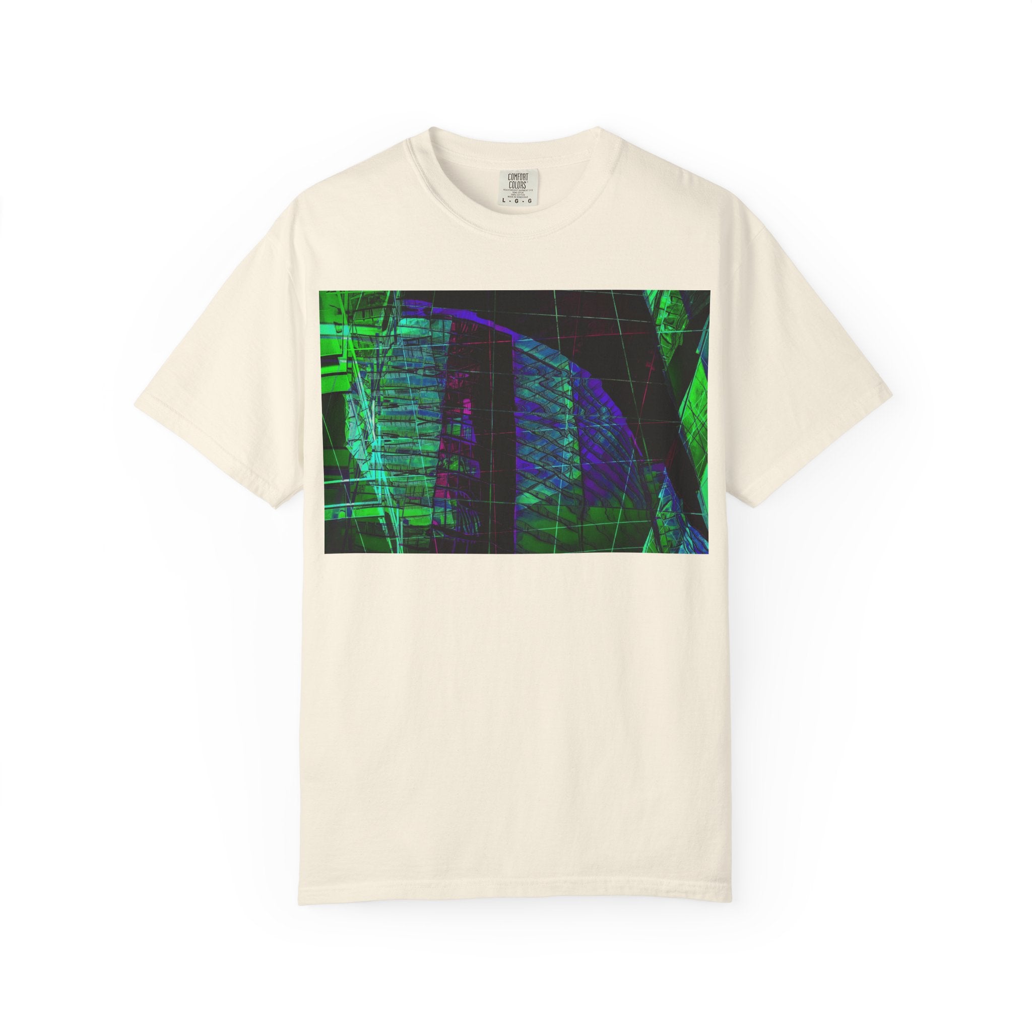 Love Talk By Kevin Quinn -Urban Abstract Architecture Neon Cityscape T-Shirt - Green & Purple Glitch Graphic