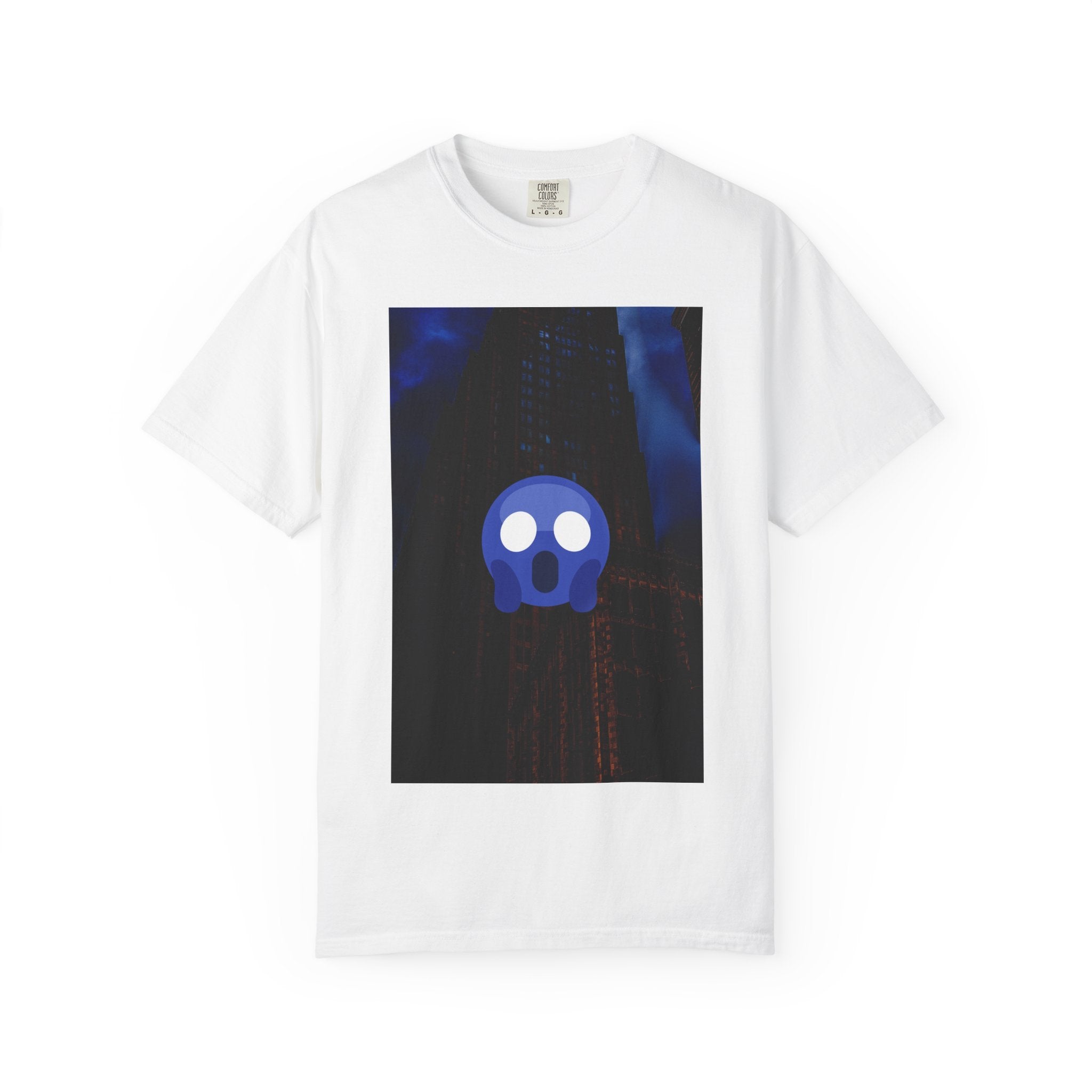 Mr. O  By Kevin Quinn   -Skull Ghost Graphic T-Shirt — Neon Blue Haunted Vibe- Modern Urban Pop Architecture