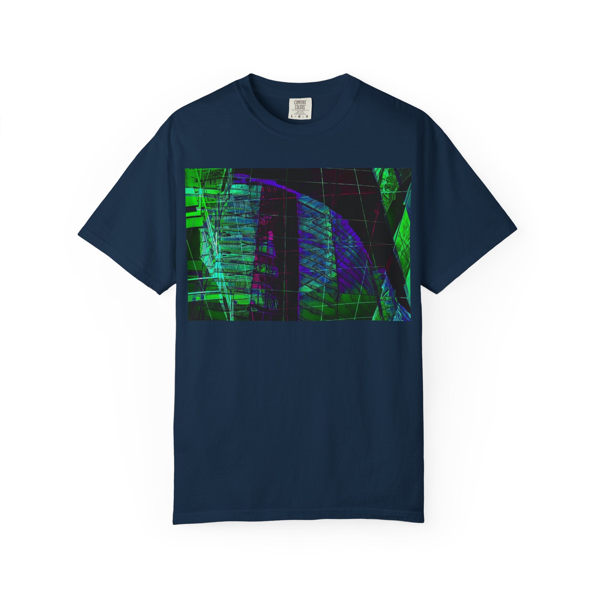 Love Talk By Kevin Quinn -Urban Abstract Architecture Neon Cityscape T-Shirt - Green & Purple Glitch Graphic