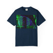 Love Talk By Kevin Quinn -Urban Abstract Architecture Neon Cityscape T-Shirt - Green & Purple Glitch Graphic