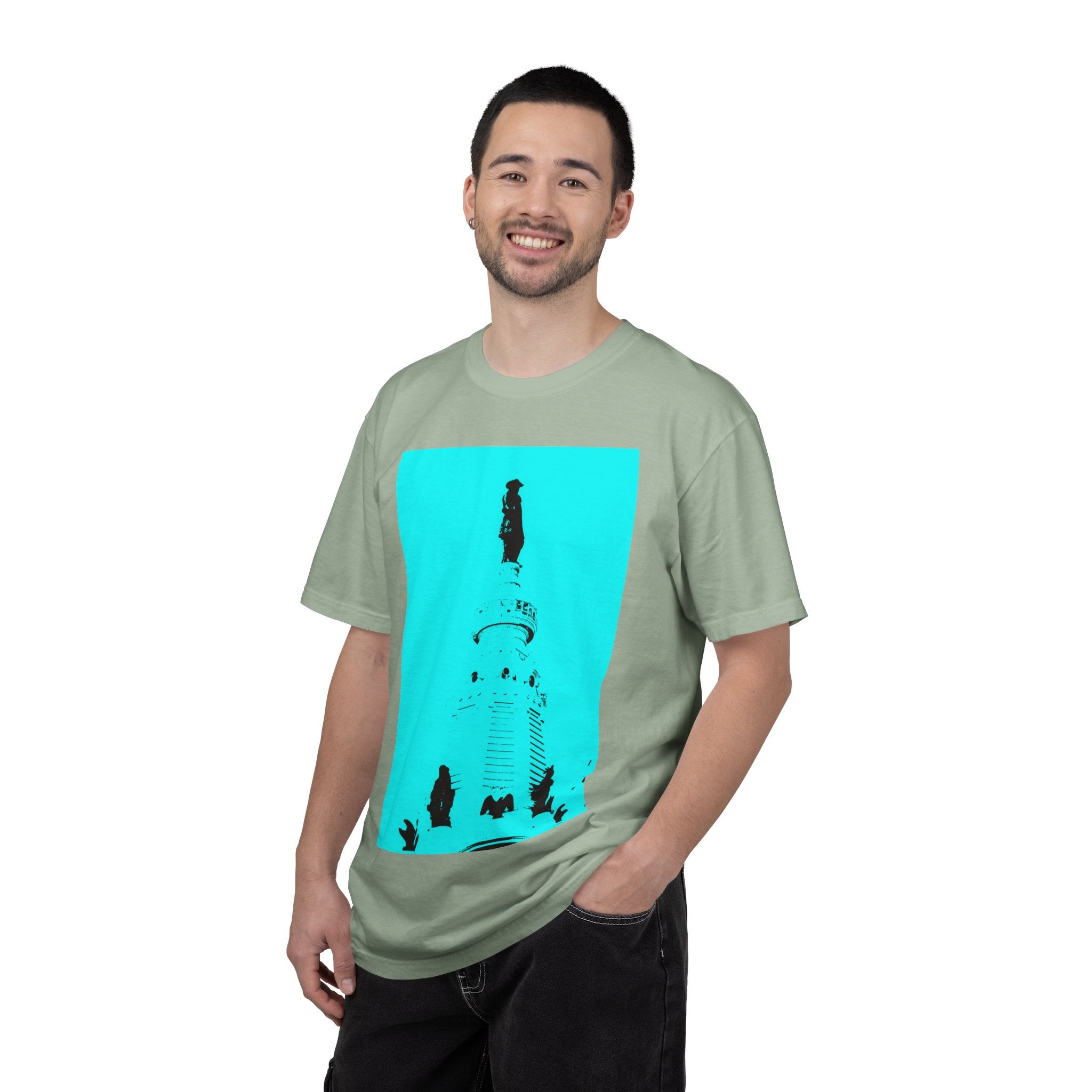Glamour Boy By Kevin Quinn T-Shirt — Abstract Pop Art Architecture Neon Philly City Monument Graphic with QR Code Back