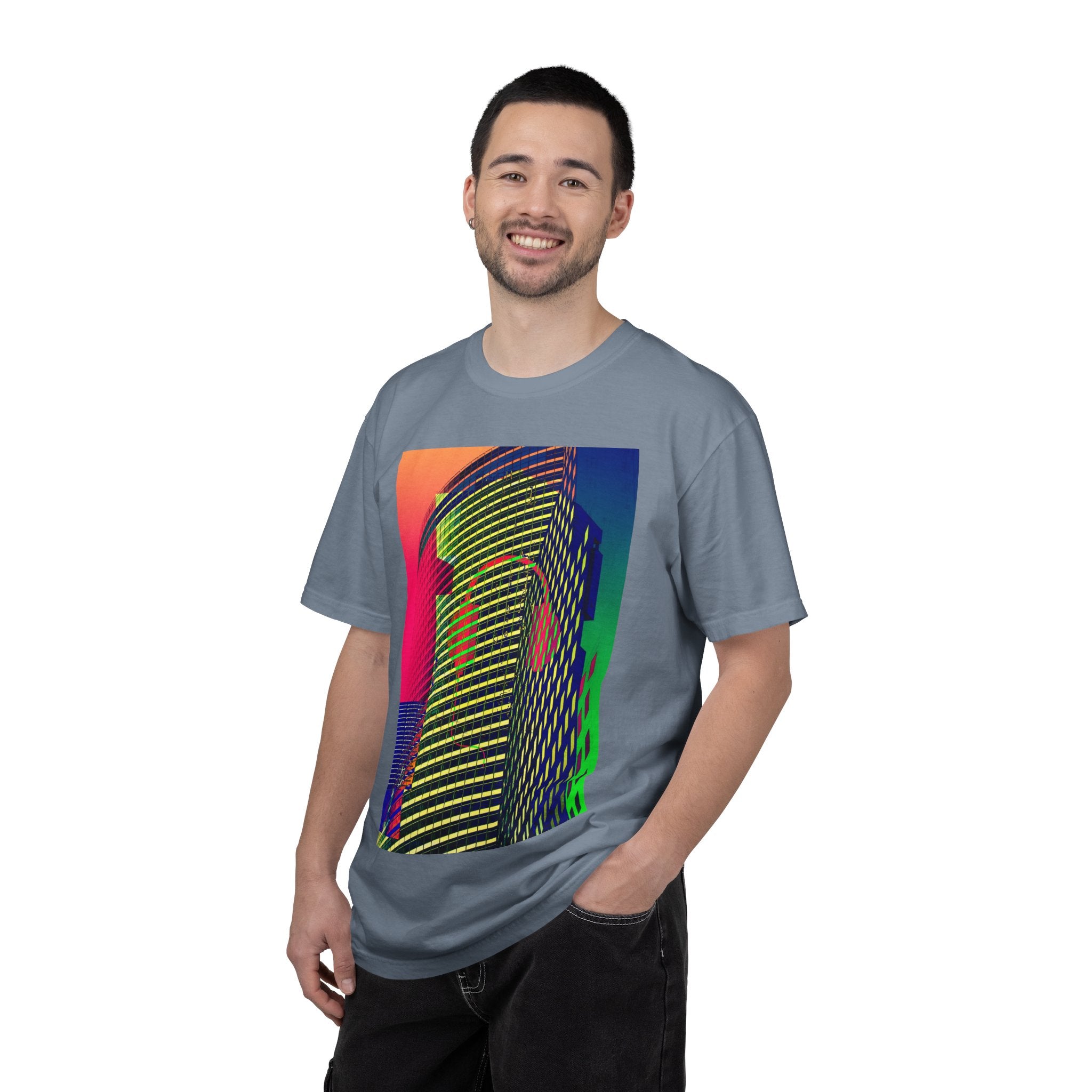 New York Beats By Kevin Quinn -Modern Abstract Architecture Neon Cityscape T-Shirt — Retro Vaporwave Building Print
