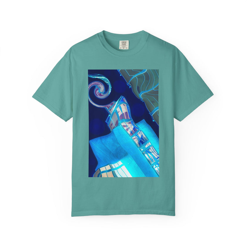 Tiny Dancer By Kevin Quinn   -Urban Modern Abstract Architecture Graphic Tee— Blue Surreal Building Art