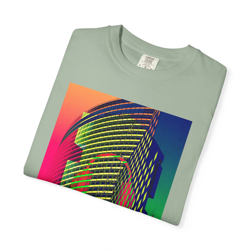 New York Beats By Kevin Quinn -Modern Abstract Architecture Neon Cityscape T-Shirt — Retro Vaporwave Building Print