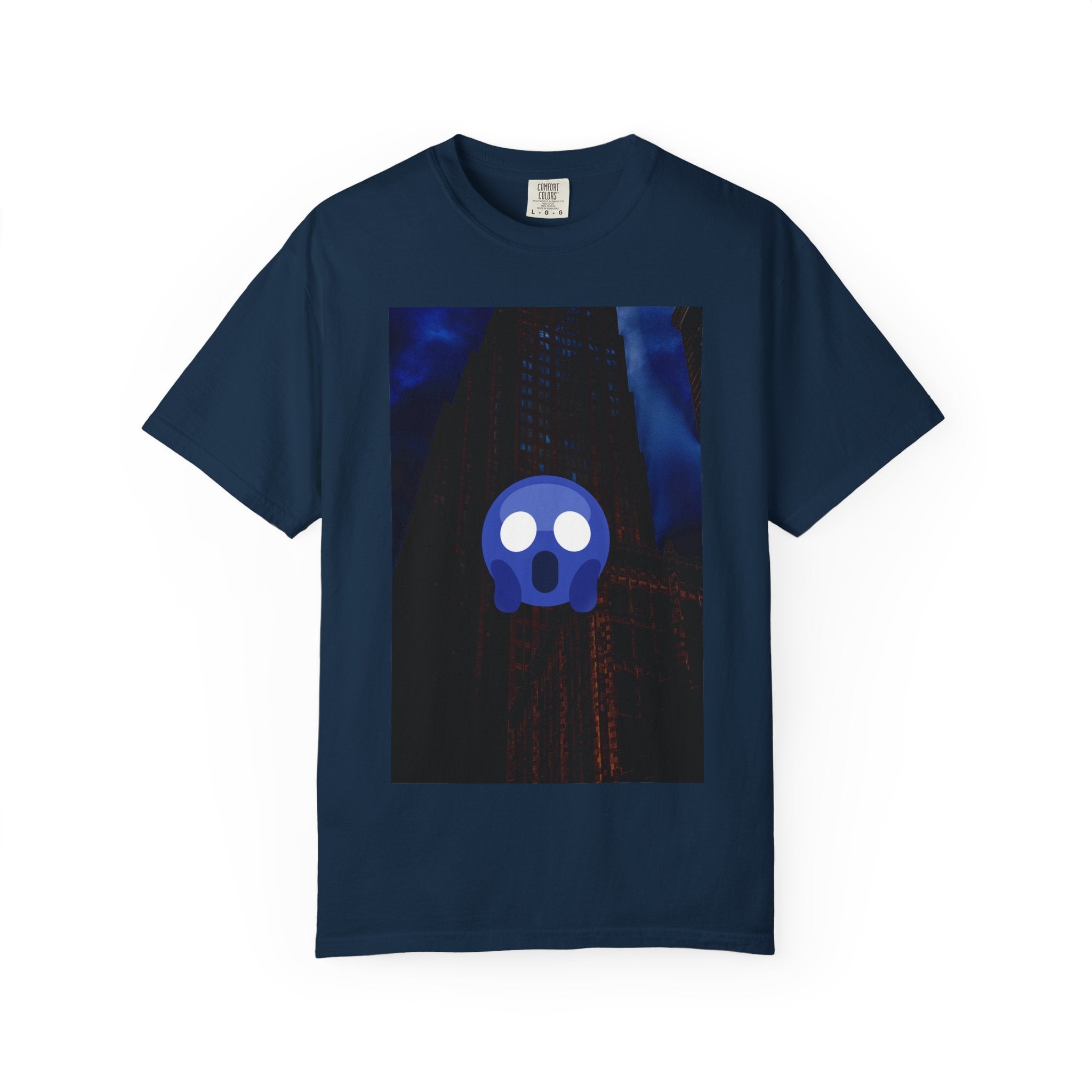 Mr. O  By Kevin Quinn   -Skull Ghost Graphic T-Shirt — Neon Blue Haunted Vibe- Modern Urban Pop Architecture